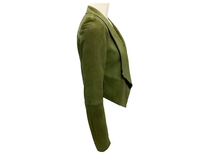 Grüne Harvey Cropped Open Front Ziegenvelourslederjacke von Alice + Olivia - Ansicht 2