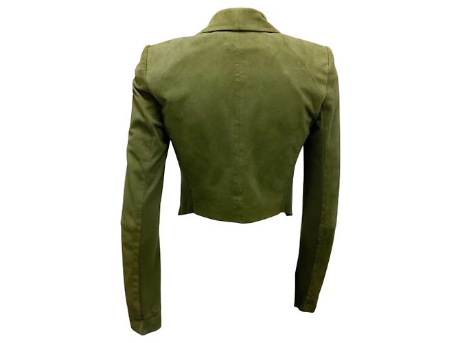 Grüne Harvey Cropped Open Front Ziegenvelourslederjacke von Alice + Olivia - Ansicht 3