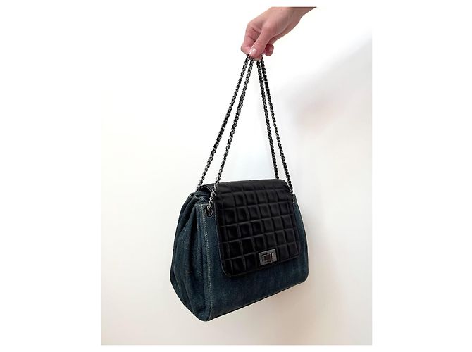 Borsa Chanel Reissue Accordion Flap in denim blu e pelle nera Nero - vista 7