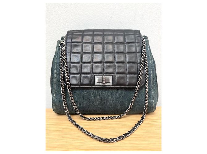Borsa Chanel Reissue Accordion Flap in denim blu e pelle nera Nero - vista 8