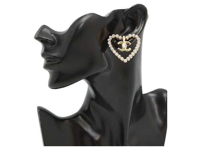 Orecchini Chanel Coco Mark a cuore in strass dorati Gold hardware - vista 3