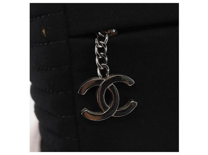 Borsa a spalla con catena CHANEL in cotone nero argento CC Auth 142754 - vista 15