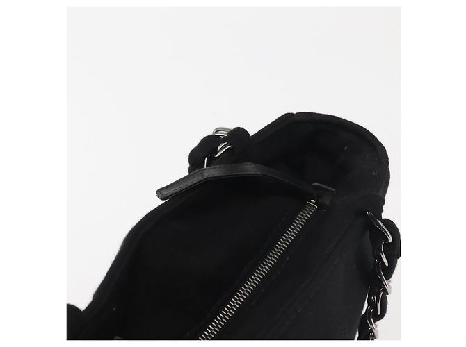 Borsa a spalla con catena CHANEL in cotone nero argento CC Auth 142754 - vista 16