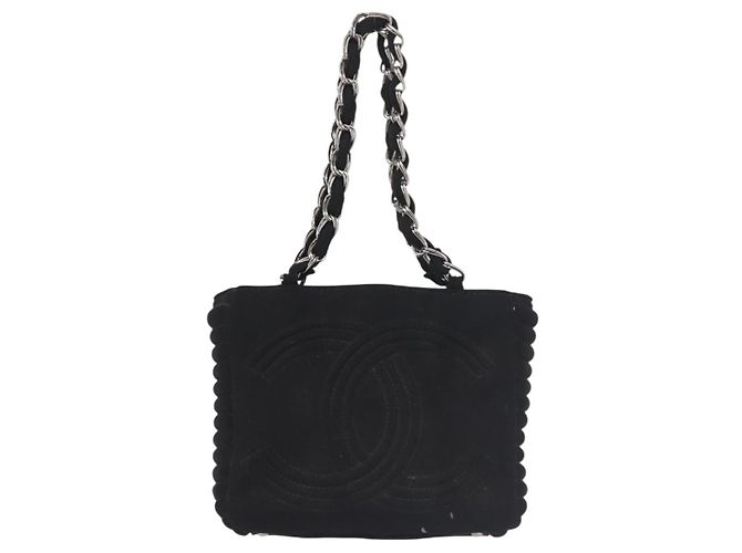 Borsa a spalla con catena CHANEL in cotone nero argento CC Auth 142754 - vista 2