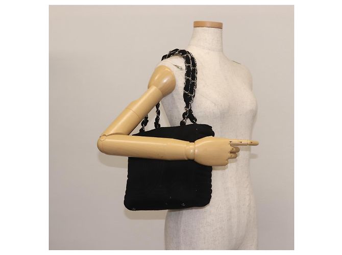 Borsa a spalla con catena CHANEL in cotone nero argento CC Auth 142754 - vista 24