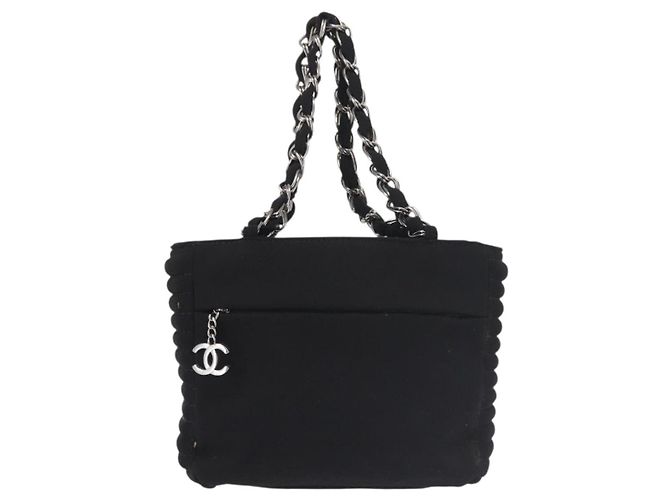 Borsa a spalla con catena CHANEL in cotone nero argento CC Auth 142754 - vista 3