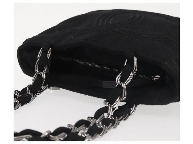 Borsa a spalla con catena CHANEL in cotone nero argento CC Auth 142754 - vista 6