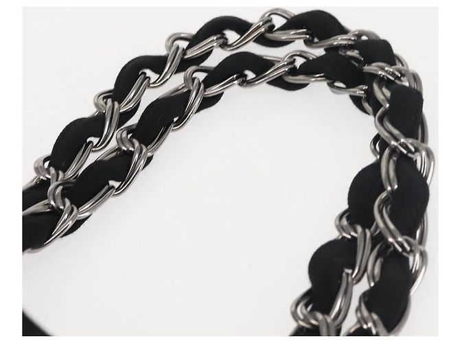 Borsa a spalla con catena CHANEL in cotone nero argento CC Auth 142754 - vista 8