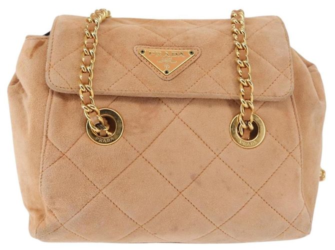 Borsa a Spalla con Catena PRADA Camoscio Beige Oro Auth 135314 D'oro - vista 13