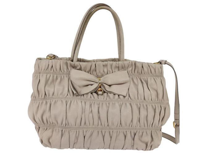PRADA Borsa a Mano Arricciata in Pelle 2 in 1 Beige Oro Auth BA5654 D'oro - vista 13