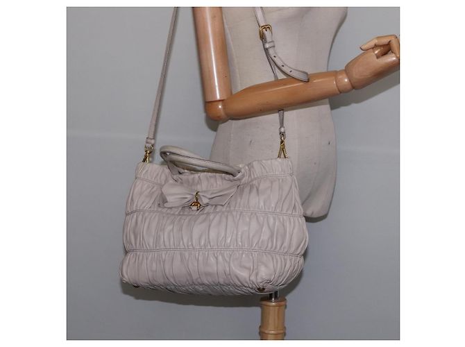 PRADA Borsa a Mano Arricciata in Pelle 2 in 1 Beige Oro Auth BA5654 D'oro - vista 23