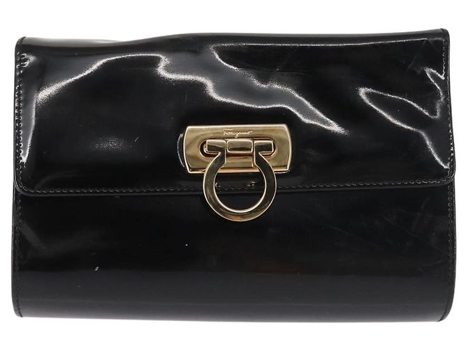 Borsa a Spalla Chain Gancini Salvatore Ferragamo Smalto Nero Oro Auth 142666 D'oro - vista 2