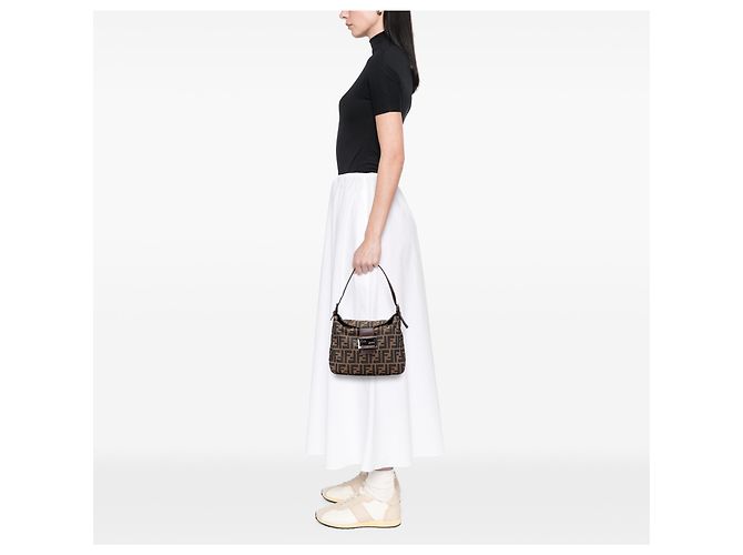 Borsa a spalla Fendi in tela Zucca marrone con doppio flap - vista 11