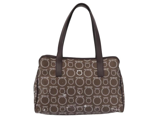 Borsa a Spalla Salvatore Ferragamo in Pelle PVC Marrone Scuro Argento Auth BA4805 - vista 13