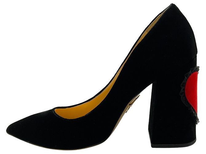 Décolleté in velluto nero Charlotte Olympia con cuore rosso - vista 3