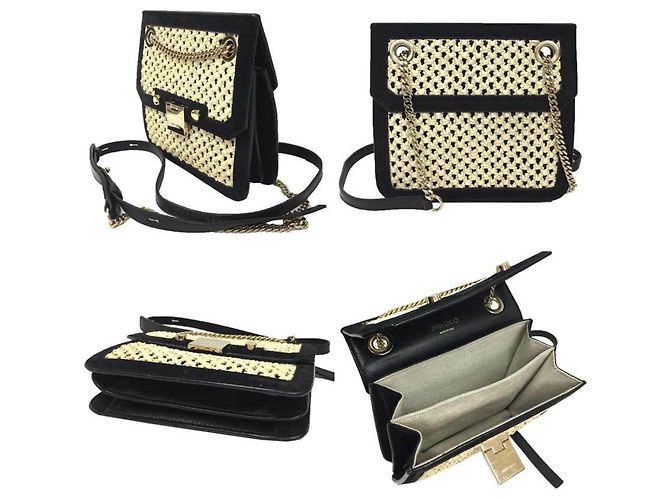 Borsa a Spalla Jimmy Choo in Pelle e Paglia Nero Beige - vista 2