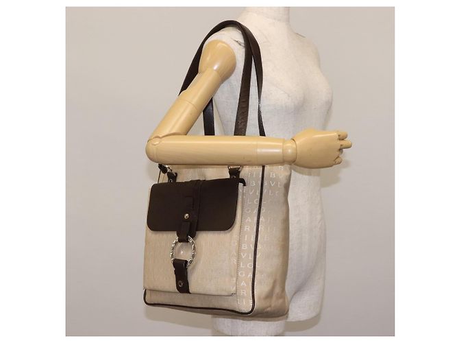 Bulgari Borsa Tote BVLGARI Logo Mania Canvas Beige Argento Auth BA5834 - vista 21
