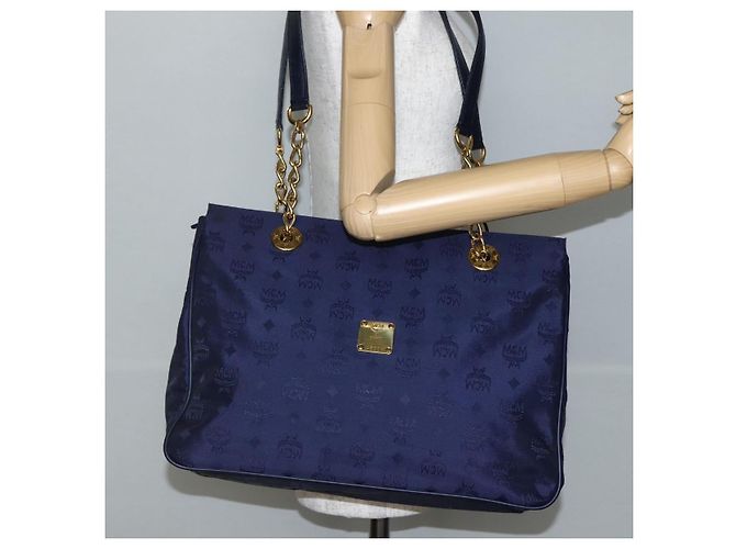 MCM Vicetos Logogram Tote Bag aus Canvas Navy Gold Auth BA5744 Golden Marineblau - Ansicht 20