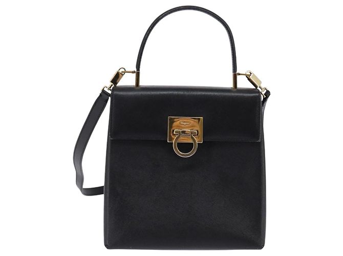 Borsa a mano in pelle Gancini Salvatore Ferragamo 2 in 1 Nero Oro Auth BA5941 - vista 13