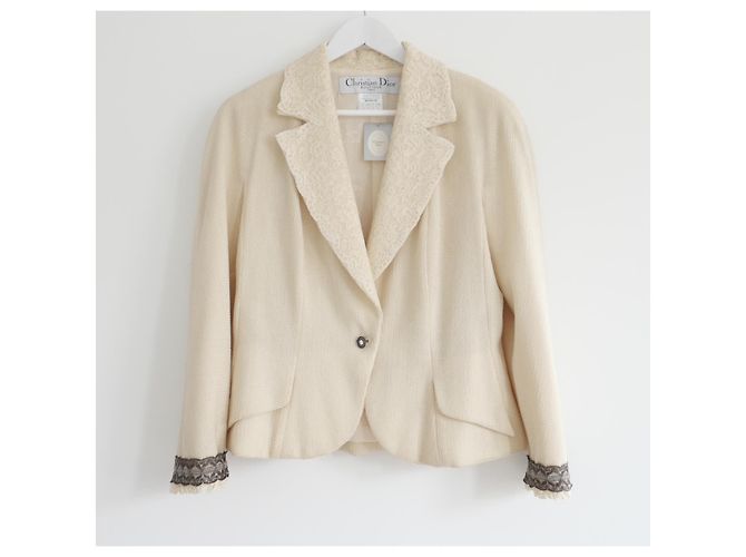 Dior x John Galliano Spring 1998 Lace Trim Cameo Button Jacket Cream - view 2