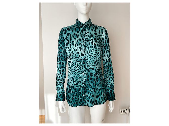 Dolce & Gabbana Blusa de seda azul con estampado de leopardo Negro - vista 2