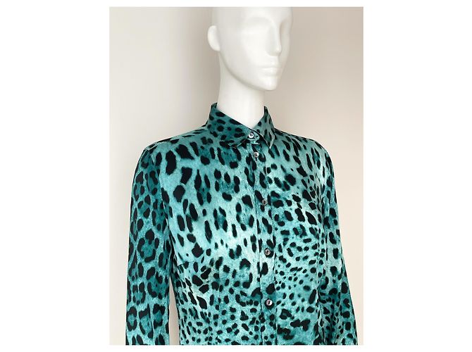 Dolce & Gabbana Blusa de seda azul con estampado de leopardo Negro - vista 3