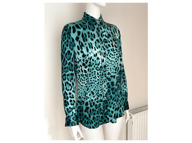 Dolce & Gabbana Blusa de seda azul con estampado de leopardo Negro - vista 4