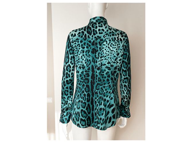 Dolce & Gabbana Blusa de seda azul con estampado de leopardo Negro - vista 5