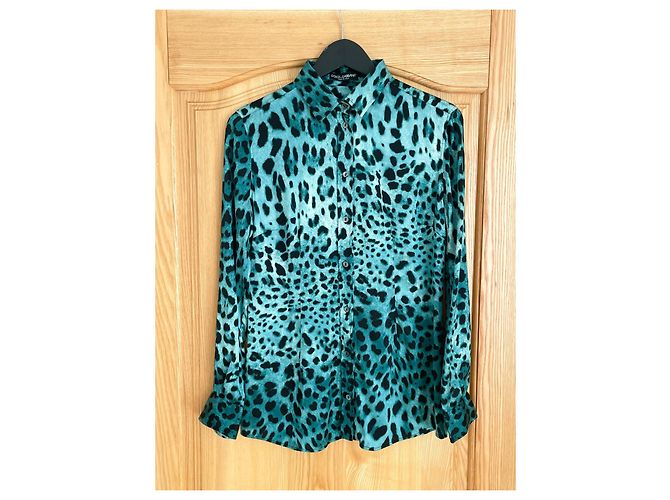 Dolce & Gabbana Blusa de seda azul con estampado de leopardo Negro - vista 8