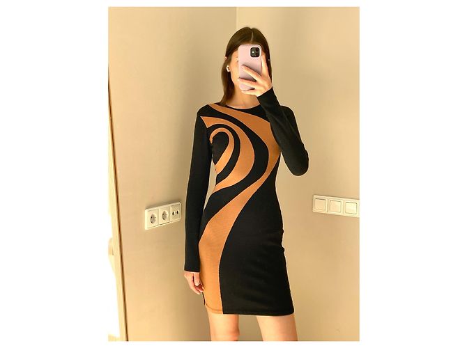 Thierry Mugler Strickkleid Schwarz Orange Geometrischer Print - Ansicht 2