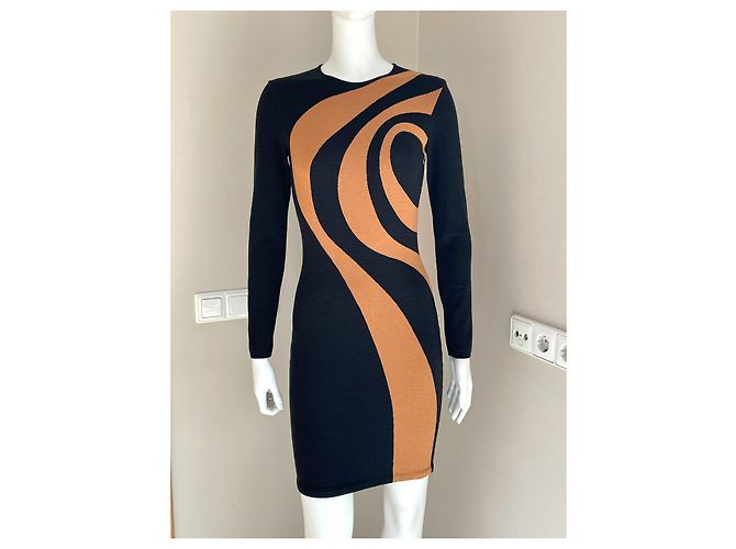 Thierry Mugler Strickkleid Schwarz Orange Geometrischer Print - Ansicht 3