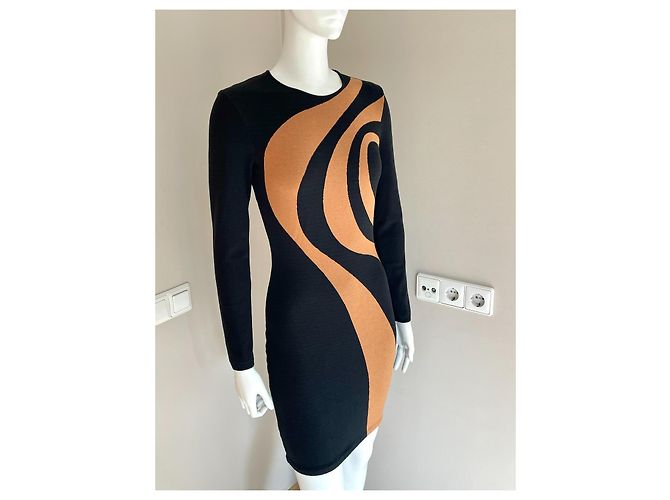 Thierry Mugler Strickkleid Schwarz Orange Geometrischer Print - Ansicht 4