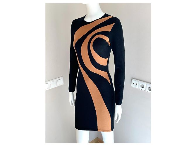 Thierry Mugler Strickkleid Schwarz Orange Geometrischer Print - Ansicht 5