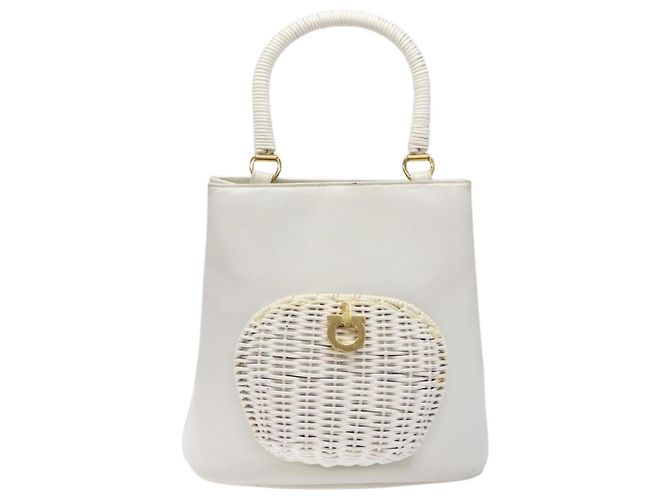 Borsa a mano Gancini in rattan bianco e oro Auth 141821 di Salvatore Ferragamo - vista 13