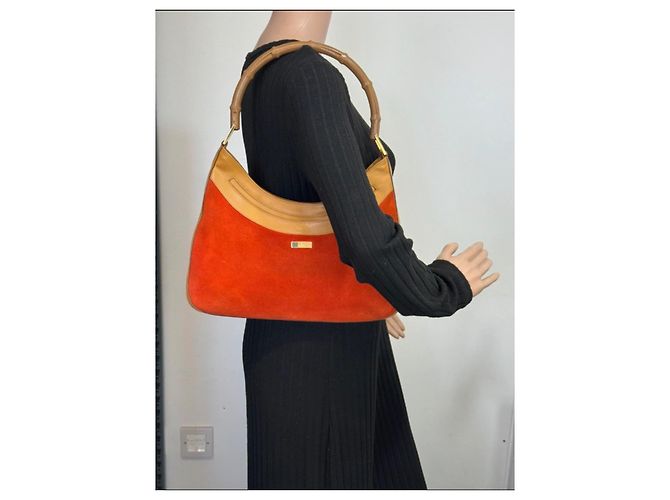 Borsa a spalla in suede arancione Gucci Bamboo, marrone chiaro 263 Rosso - vista 10