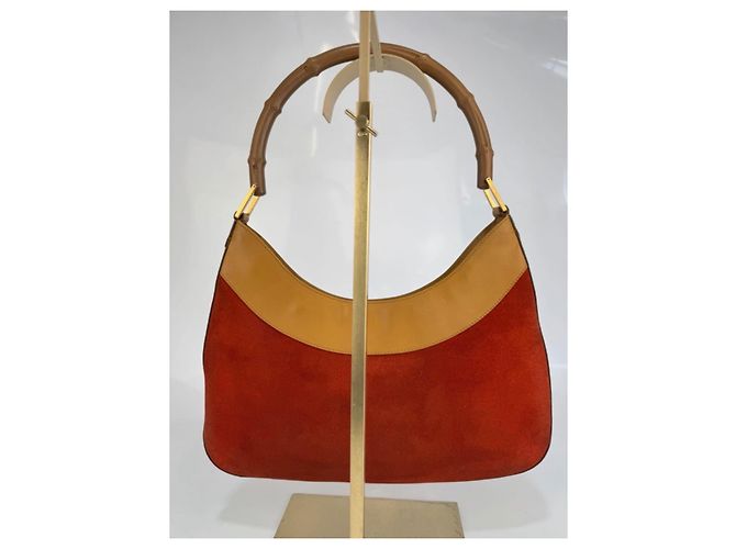 Borsa a spalla in suede arancione Gucci Bamboo, marrone chiaro 263 Rosso - vista 3