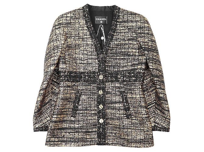 Chanel Wool Blend Tweed Collarless Jacket Black Golden - view 12