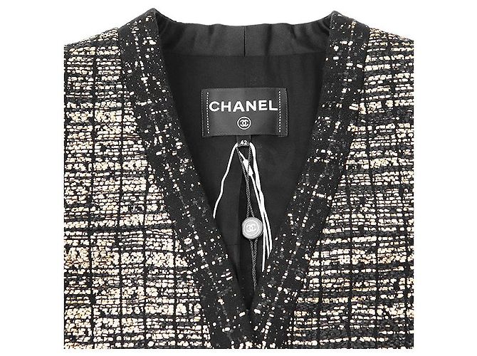 Chanel Wool Blend Tweed Collarless Jacket Black Golden - view 13