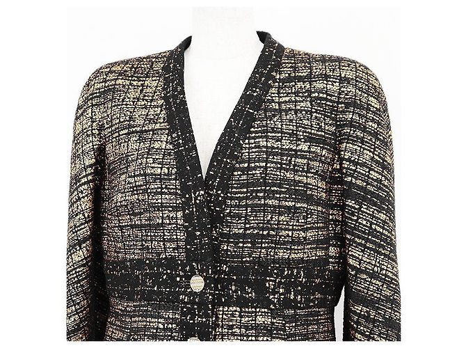 Chanel Wool Blend Tweed Collarless Jacket Black Golden - view 2