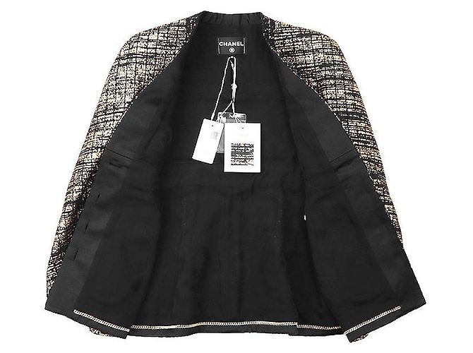 Chanel Wool Blend Tweed Collarless Jacket Black Golden - view 9