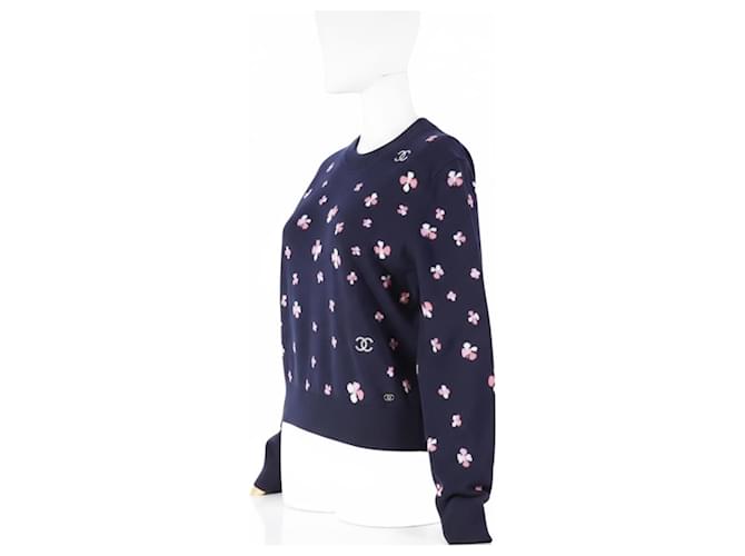 Chanel Pullover mit Blumenmuster aus Kaschmir Dunkelblau Marineblau - Ansicht 3