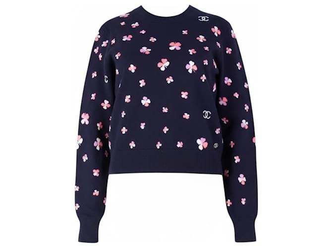 Chanel Pullover mit Blumenmuster aus Kaschmir Dunkelblau Marineblau - Ansicht 4