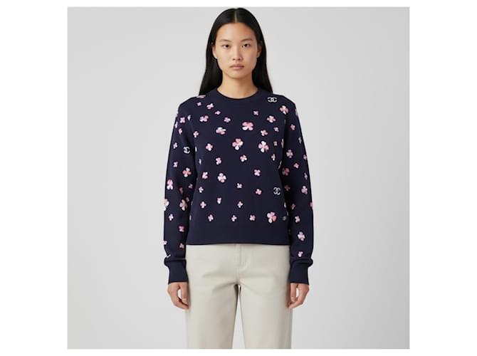 Chanel Pullover mit Blumenmuster aus Kaschmir Dunkelblau Marineblau - Ansicht 5
