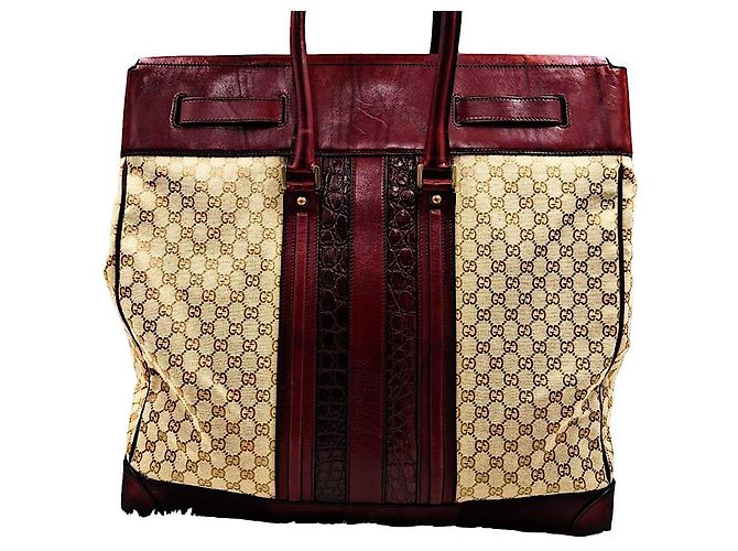Borsa da viaggio oversize Gucci Monogramma GG in coccodrillo e pelle beige - vista 3