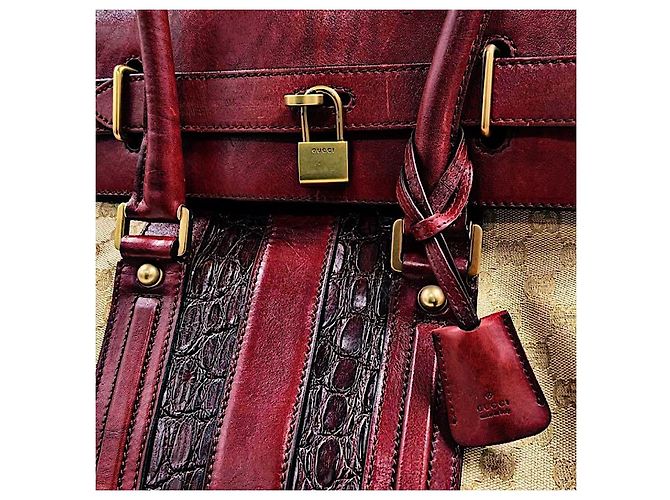 Borsa da viaggio oversize Gucci Monogramma GG in coccodrillo e pelle beige - vista 7