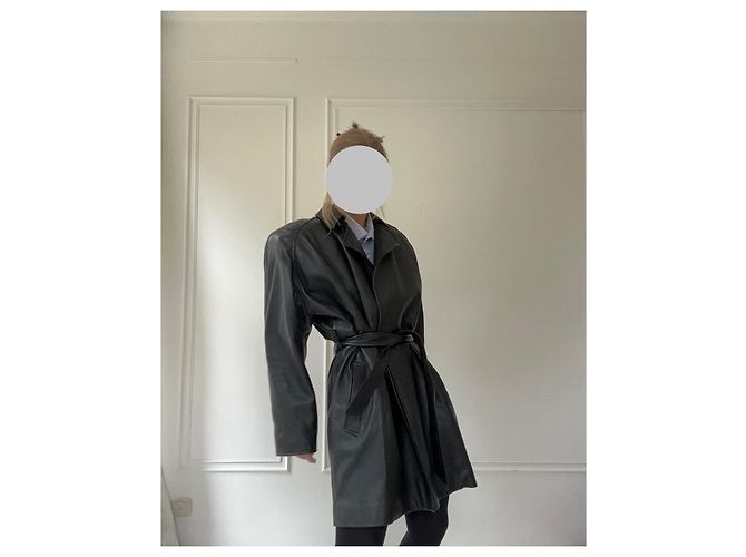 Trench coat de cuero con cinturón Balenciaga Negro - vista 3