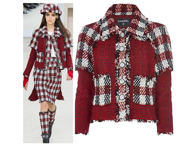 Chaqueta de tweed a rayas burdeos Chanel 16A Runway FR 40 Negro Blanco - vista 10