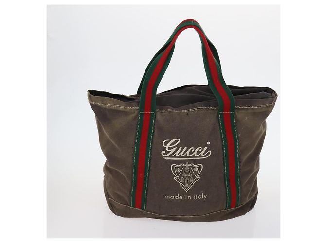 GUCCI Bamboo Web Sherry Line Tasche aus Leder und Canvas 6 Set Beige Schwarz Auth bs29373 Khaki - vue 2