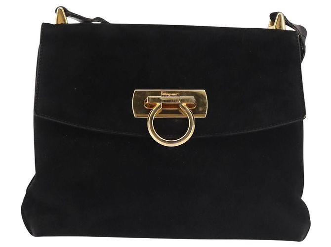 Borsa a Spalla Gancini in Pelle Scamosciata Nera e Oro Salvatore Ferragamo Auth 142668 Nero D'oro - vista 13