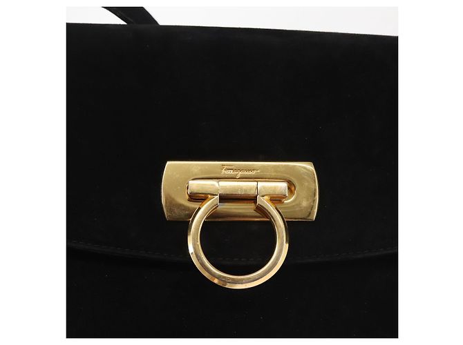 Borsa a Spalla Gancini in Pelle Scamosciata Nera e Oro Salvatore Ferragamo Auth 142668 Nero D'oro - vista 18